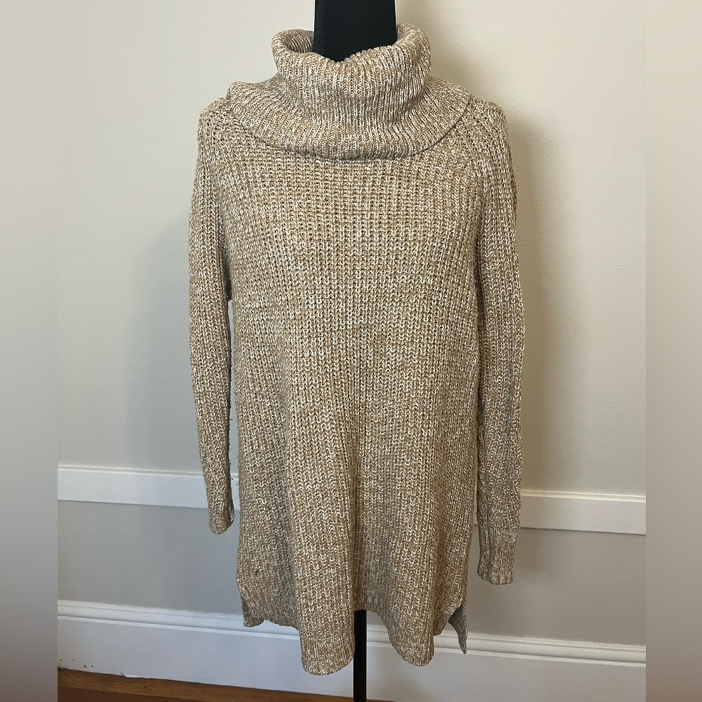 A New Day Cozy Neutral Brown Knit Long Classic‎ Cowl Turtleneck Sweater Sz L
